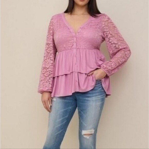 Torrid super soft knit long sleeve lace trimmed button front tiered blouse 1x - Picture 1 of 8